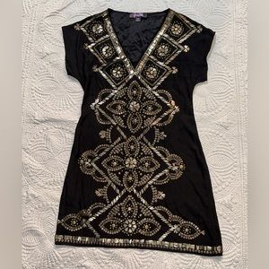 Like NEW Hale Bob Black & Gold Beaded Short Sleeve Dress 100% Silk - Size  XS
